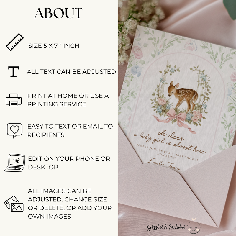 Baby Shower Invitation - Oh Deer Girl Pink Vintage Floral Woodland BS253
