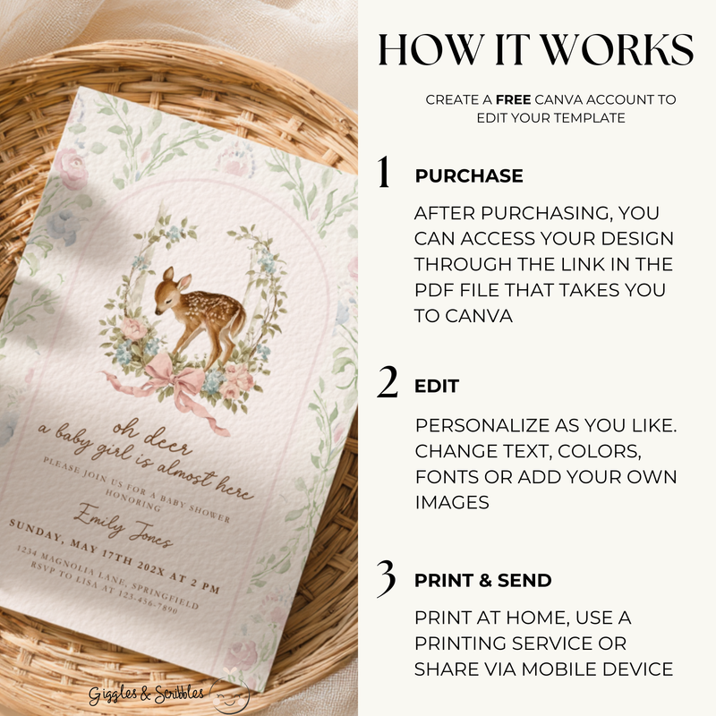 Baby Shower Invitation - Oh Deer Girl Pink Vintage Floral Woodland BS253