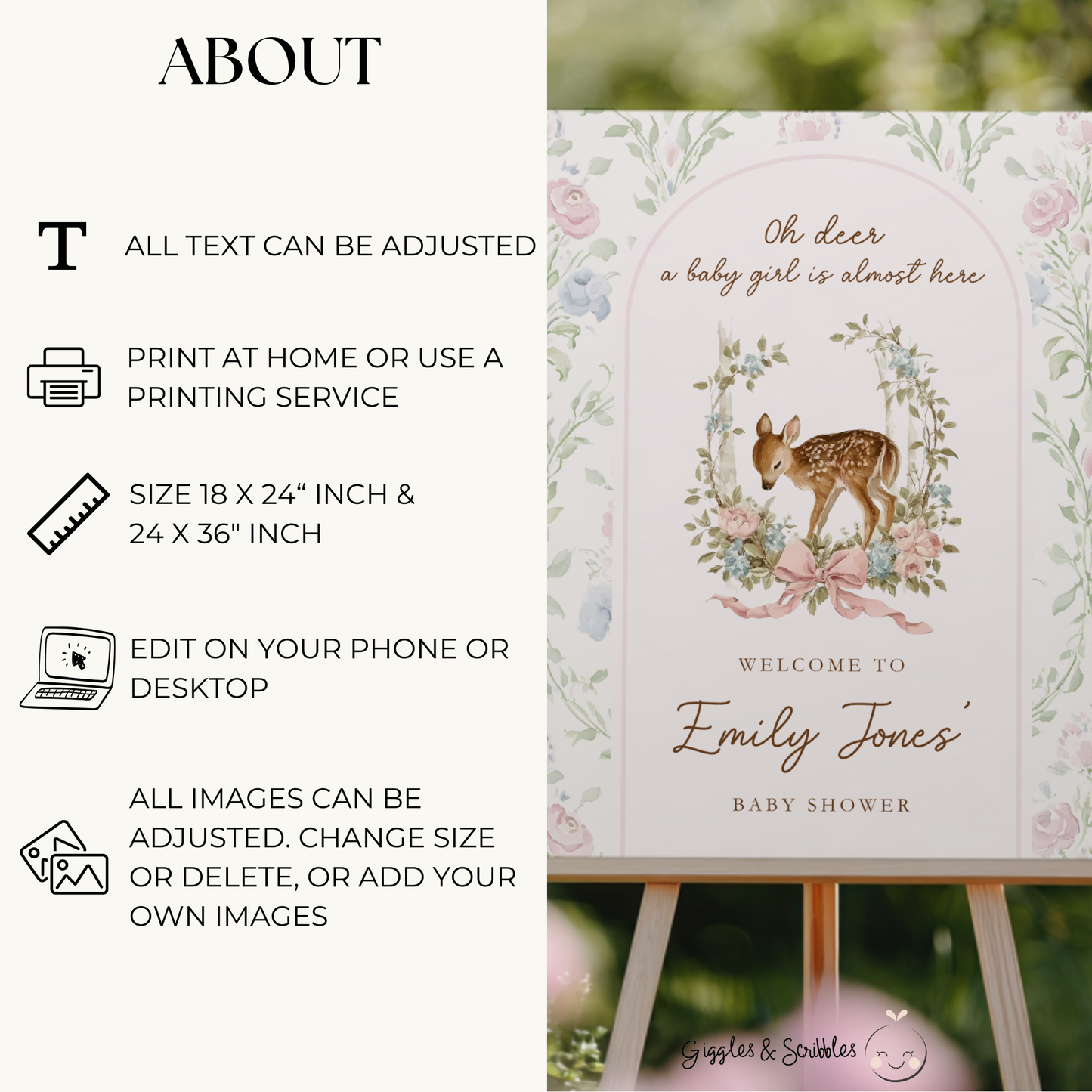 Oh Deer Girl Baby Shower Welcome Sign BS253