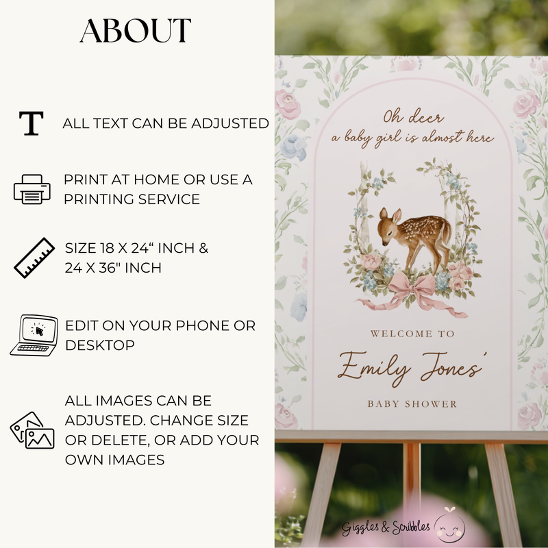 Oh Deer Girl Baby Shower Welcome Sign BS253
