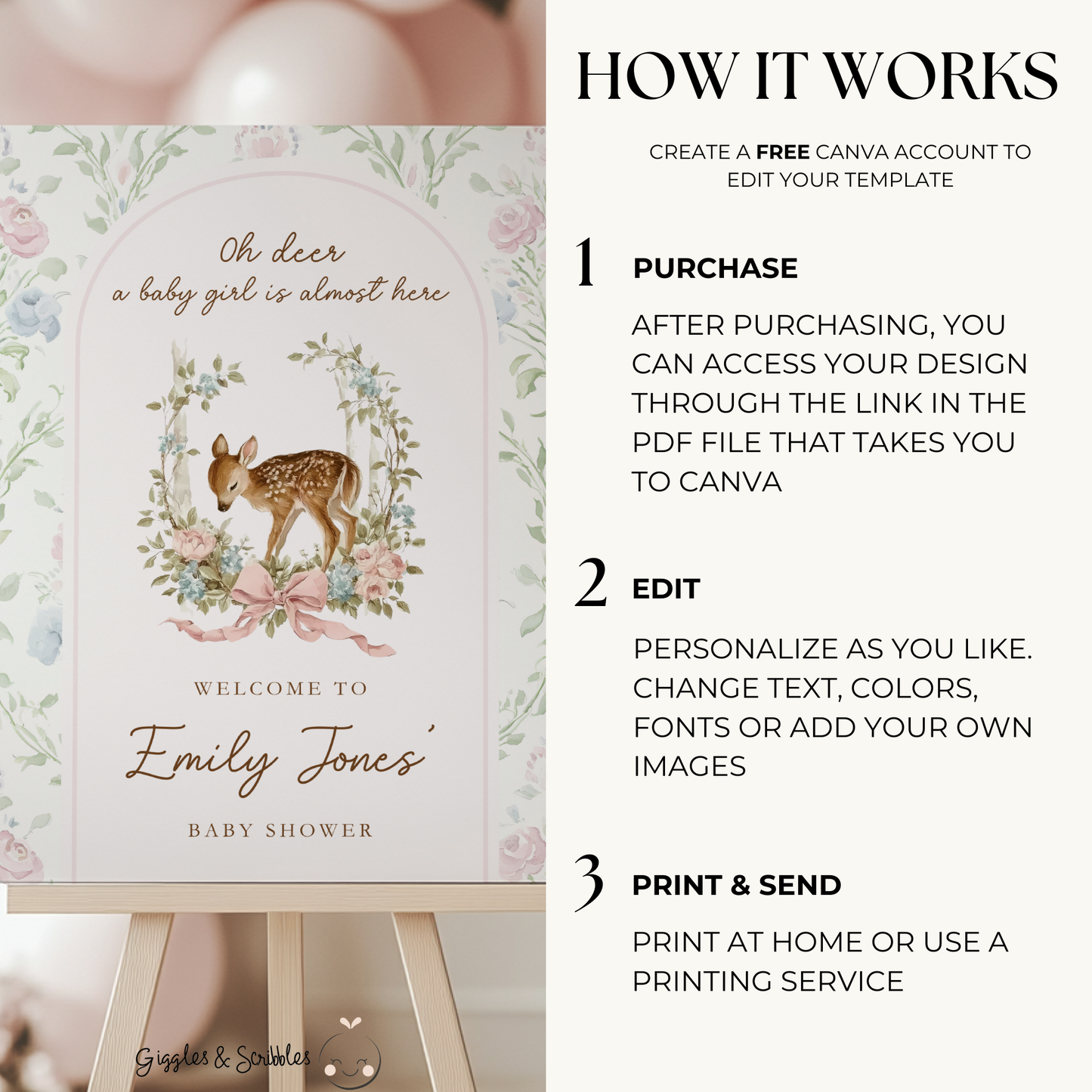 Oh Deer Girl Baby Shower Welcome Sign BS253