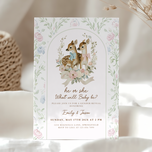 Vintage Fawn Gender Reveal Invitation Template BS261