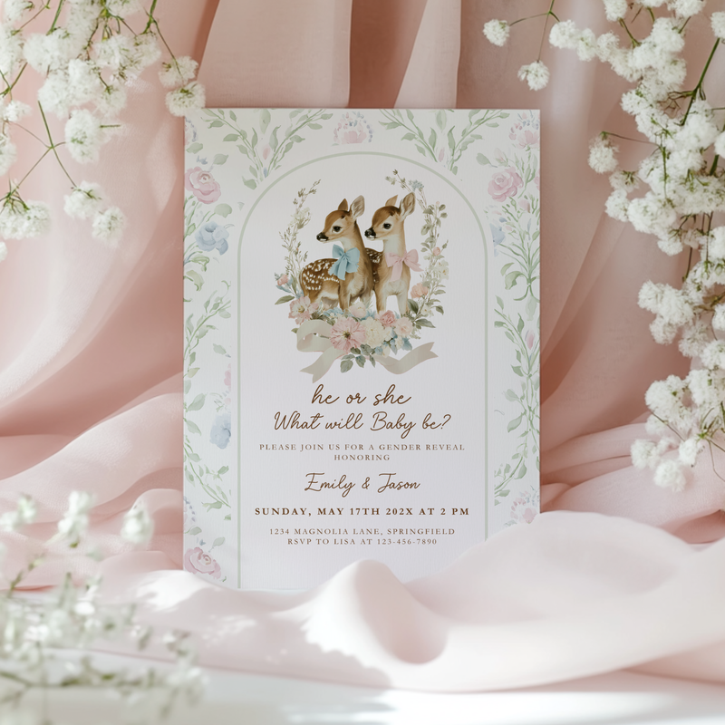 Vintage Fawn Gender Reveal Invitation Template BS261