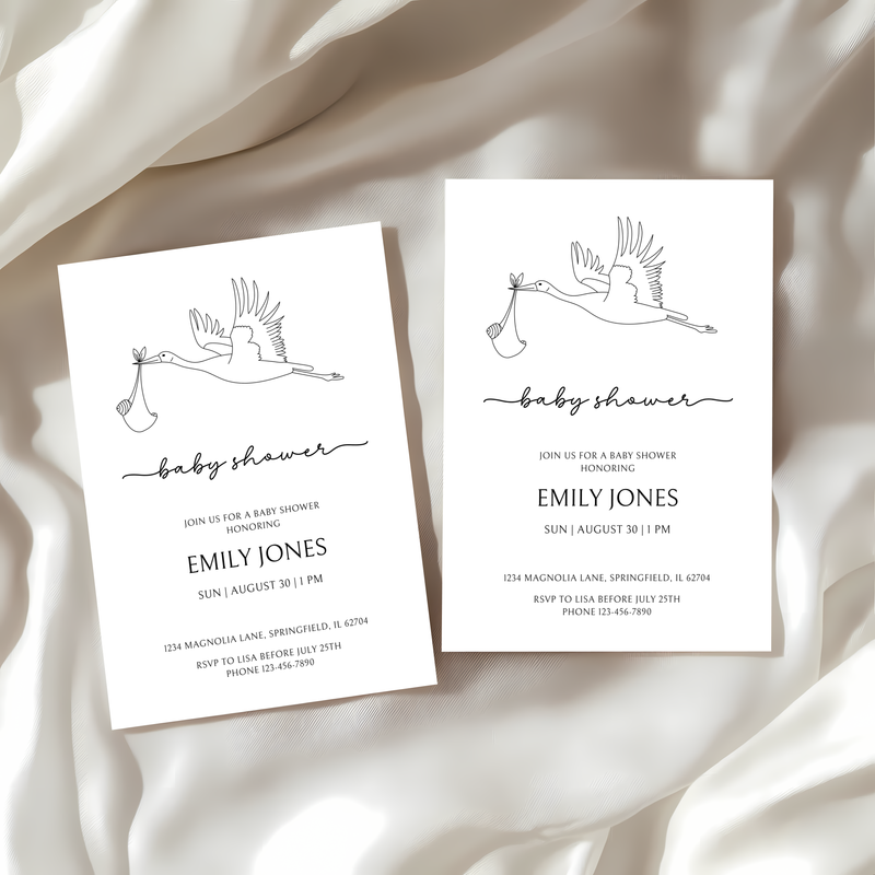 Baby Shower Invitation - Modern One Line Drawing Stork BS108