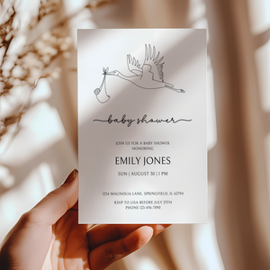 Baby Shower Invitation - Modern One Line Drawing Stork BS108