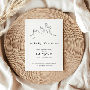 Baby Shower Invitation - Modern One Line Drawing Stork BS108