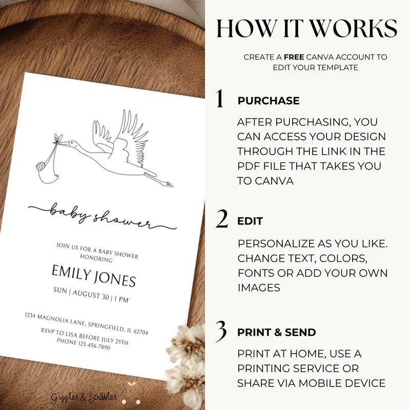 Baby Shower Invitation - Modern One Line Drawing Stork BS108