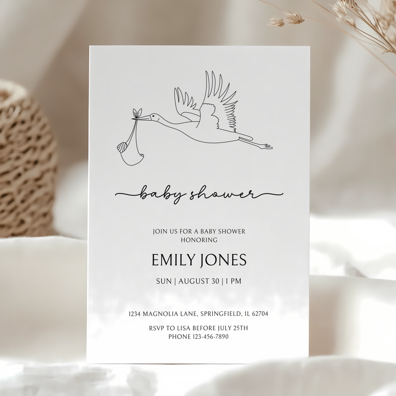 Baby Shower Invitation - Modern One Line Drawing Stork BS108