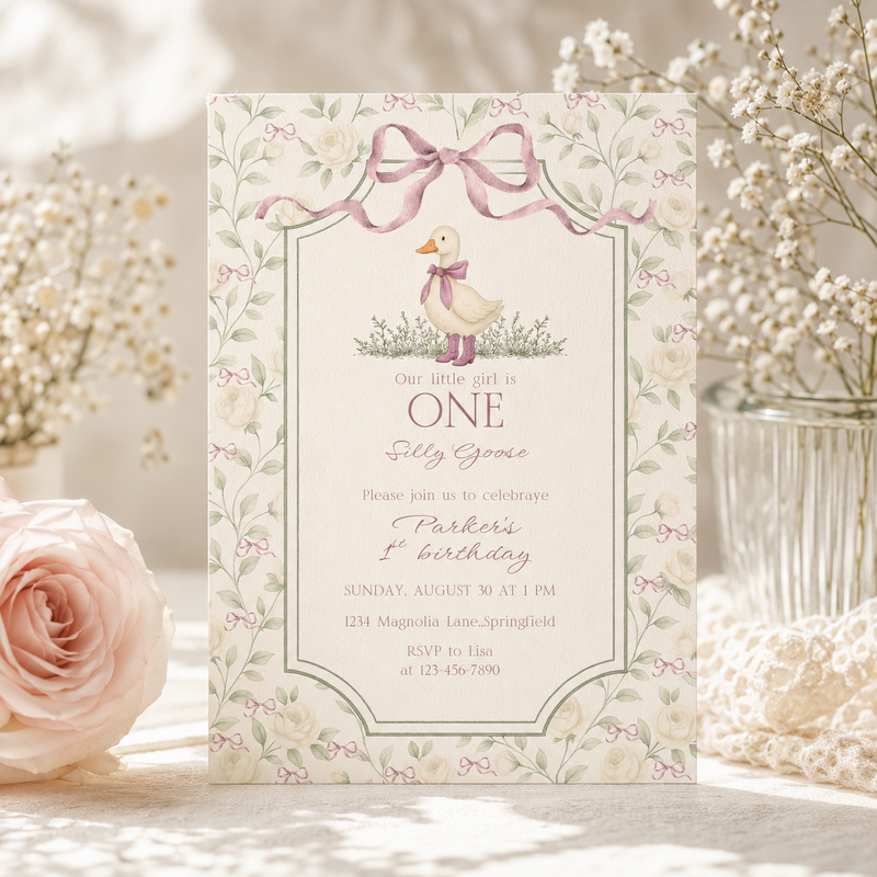 One Little Goose 1st Birthday Invitation – Vintage Silly Goose L138