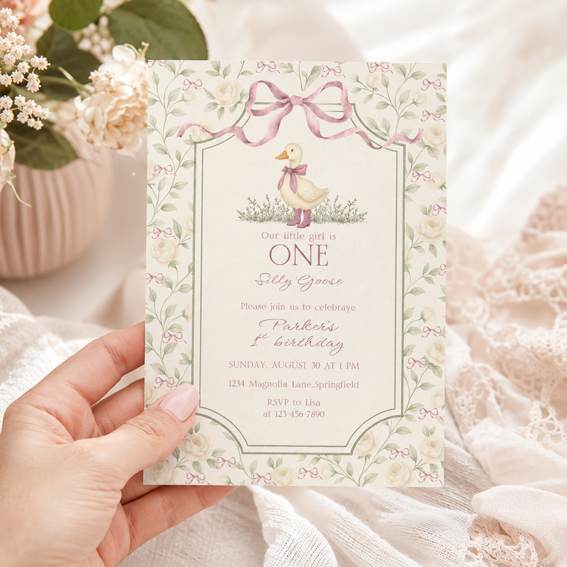 One Little Goose 1st Birthday Invitation – Vintage Silly Goose L138