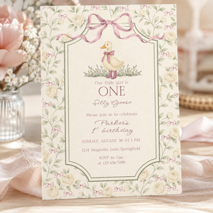 One Little Goose 1st Birthday Invitation – Vintage Silly Goose L138