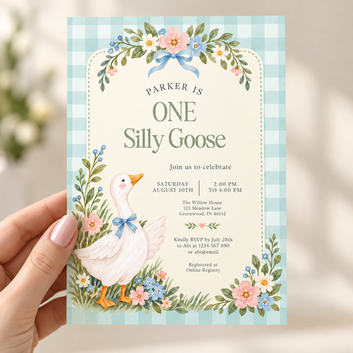 One Silly Goose First Birthday Invitation – Blue Gingham L178