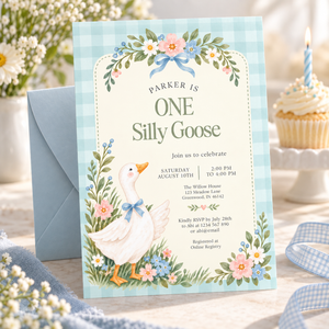 One Silly Goose First Birthday Invitation – Blue Gingham L178