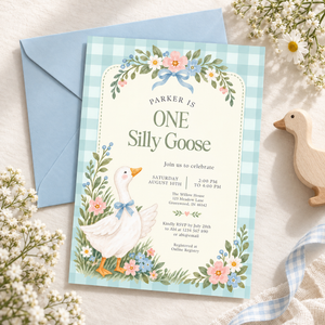 One Silly Goose First Birthday Invitation – Blue Gingham L178