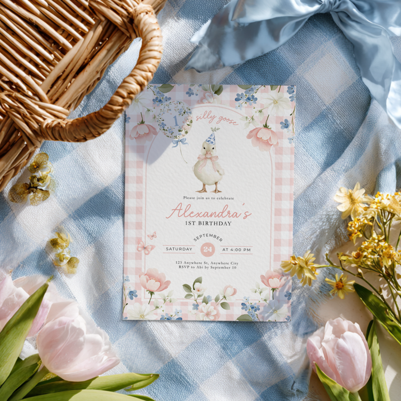 One Silly Goose 1st Birthday Invitation Pink Gingham L92