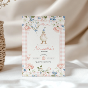 One Silly Goose 1st Birthday Invitation Pink Gingham L92