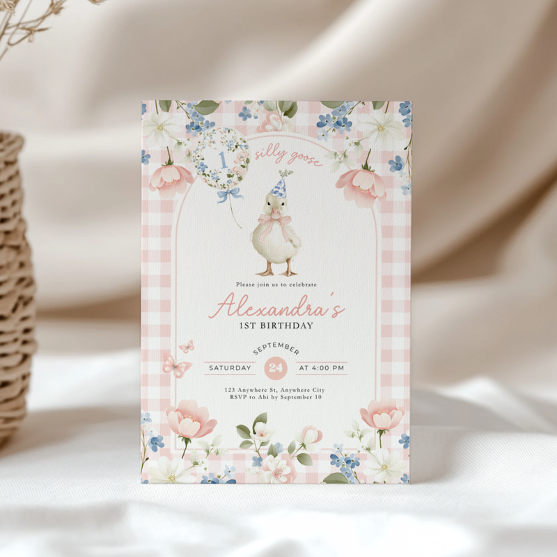 One Silly Goose 1st Birthday Invitation Pink Gingham L92