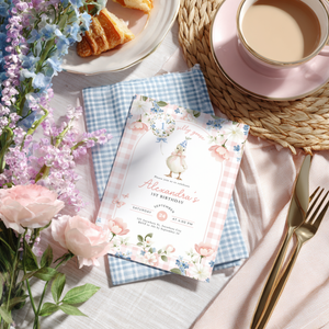 One Silly Goose 1st Birthday Invitation Pink Gingham L92