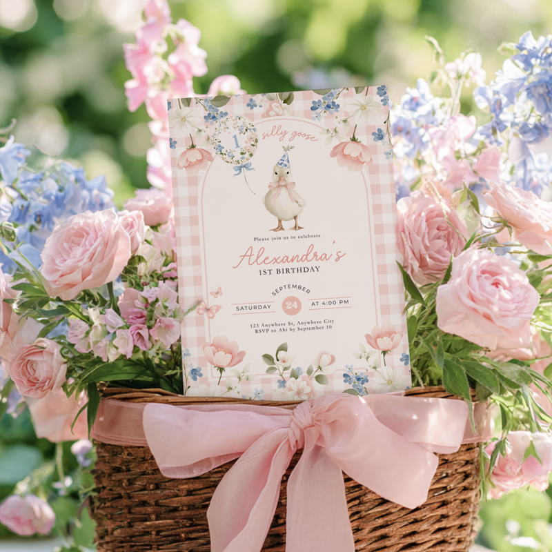 One Silly Goose 1st Birthday Invitation Pink Gingham L92