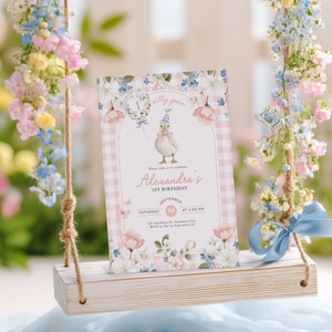 One Silly Goose 1st Birthday Invitation Pink Gingham L92