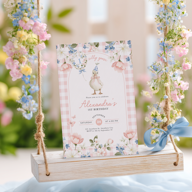 One Silly Goose 1st Birthday Invitation Pink Gingham L92