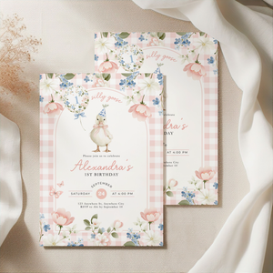 One Silly Goose 1st Birthday Invitation Pink Gingham L92