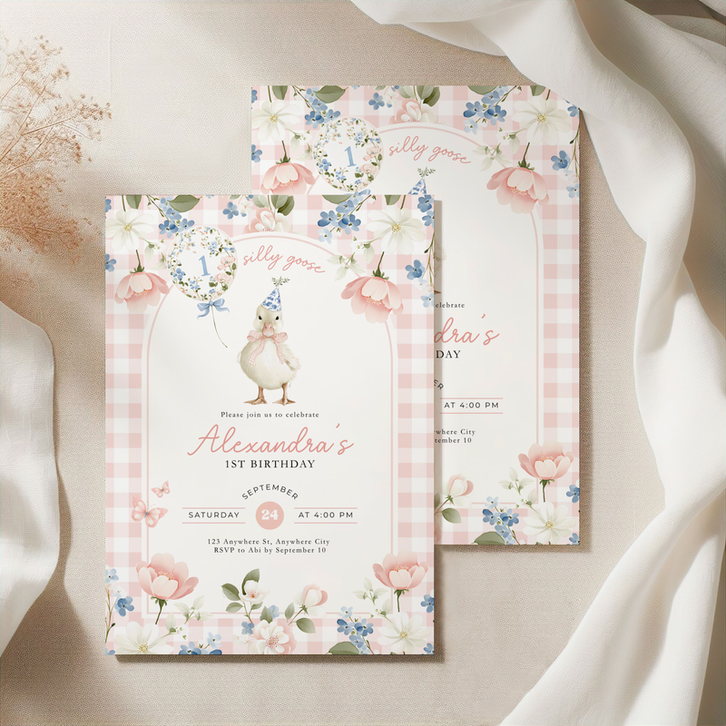 One Silly Goose 1st Birthday Invitation Pink Gingham L92