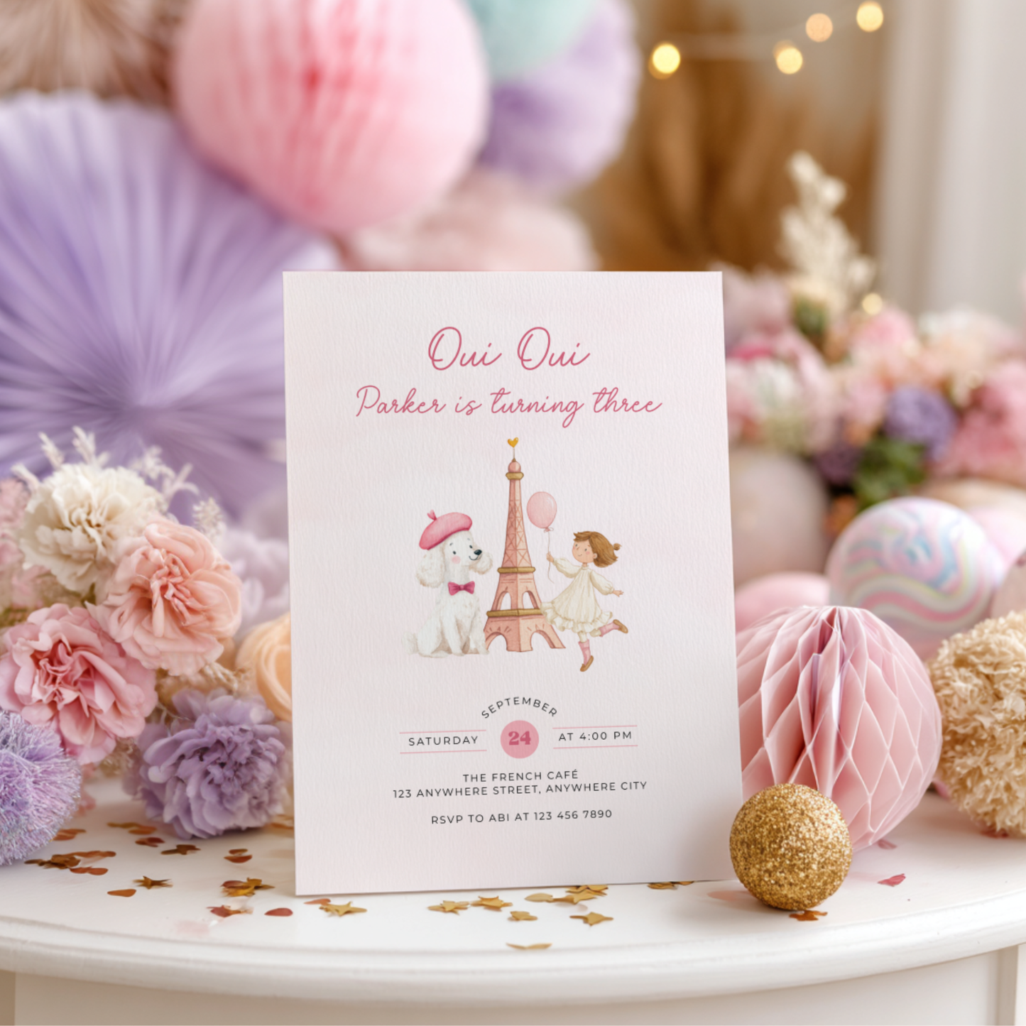 Oui Oui Turning Three Birthday Invitation L119