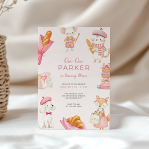 Oui Oui Turning Three Parisian Animals Birthday Invitation L120