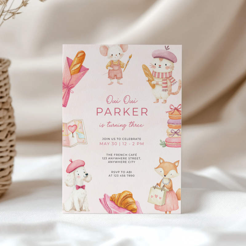 Oui Oui Turning Three Parisian Animals Birthday Invitation L120