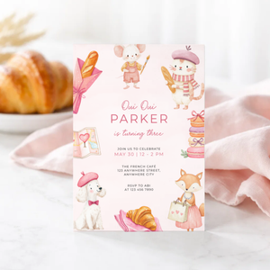 Oui Oui Turning Three Parisian Animals Birthday Invitation L120