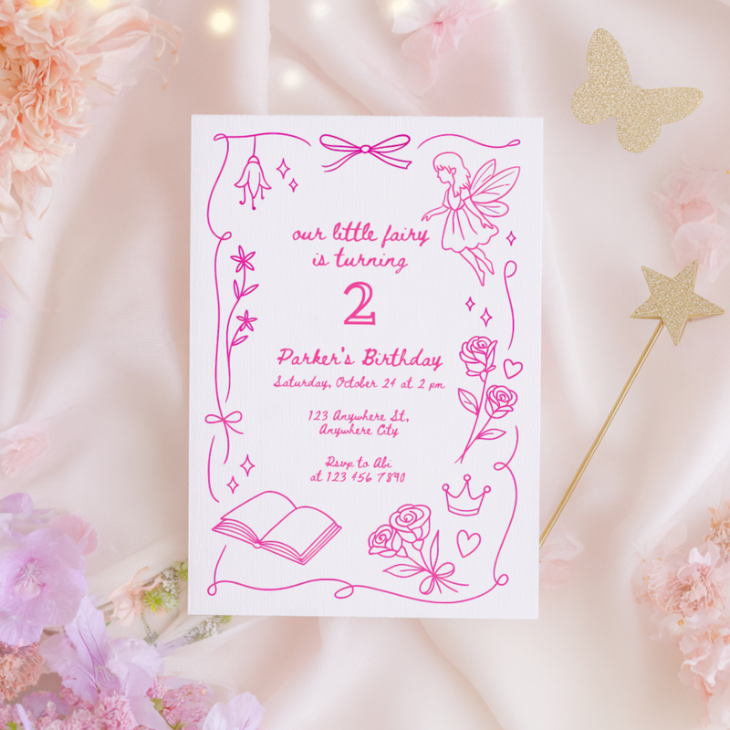 Our Little Fairy Birthday Invitation Hand Drawn L84