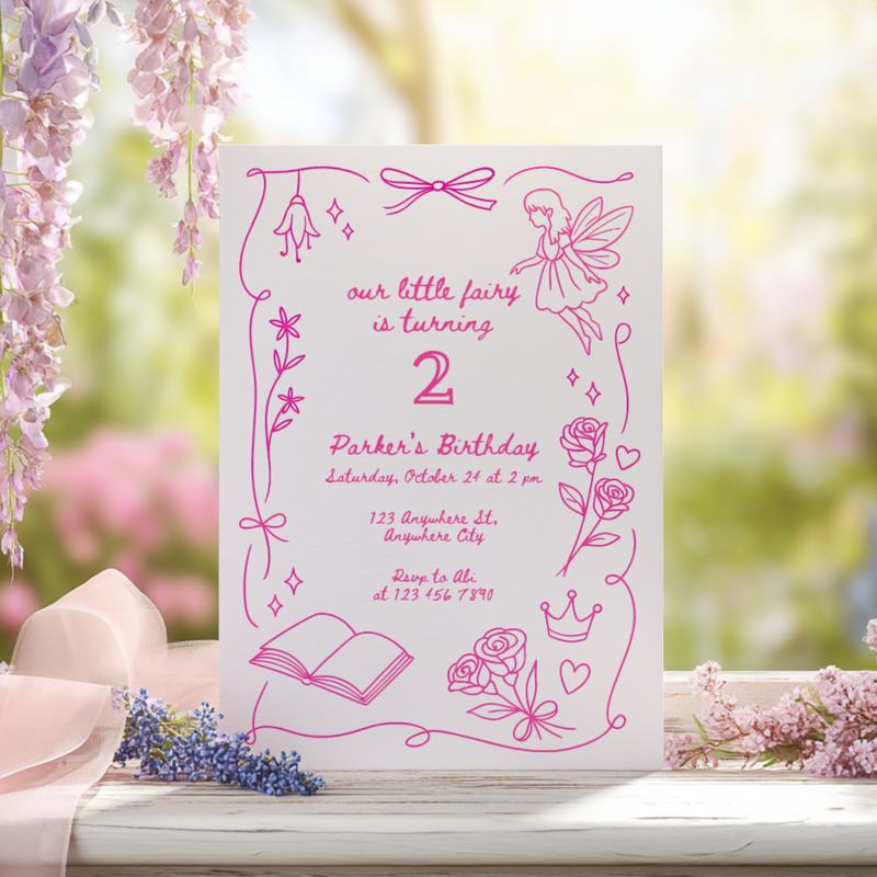 Our Little Fairy Birthday Invitation Hand Drawn L84