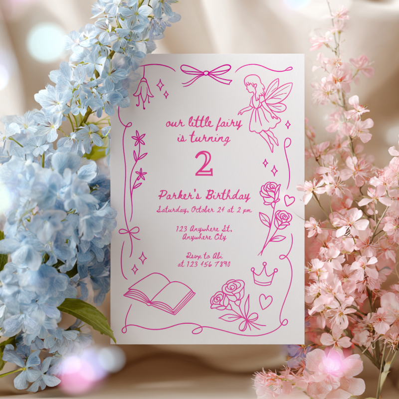 Our Little Fairy Birthday Invitation Hand Drawn L84