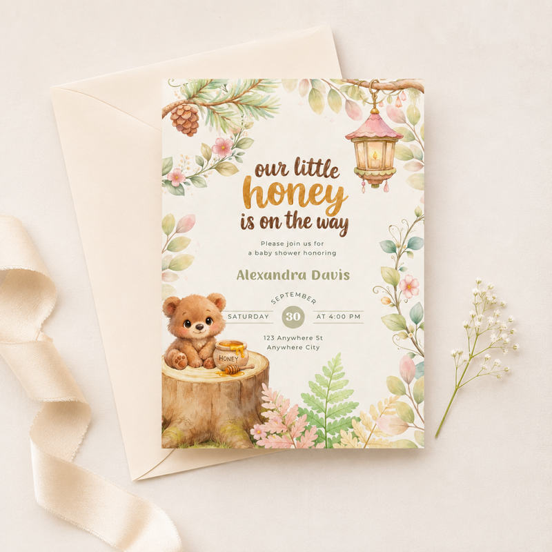 Our Little Honey Is On The Way Woodland Baby Shower Invitation L151
