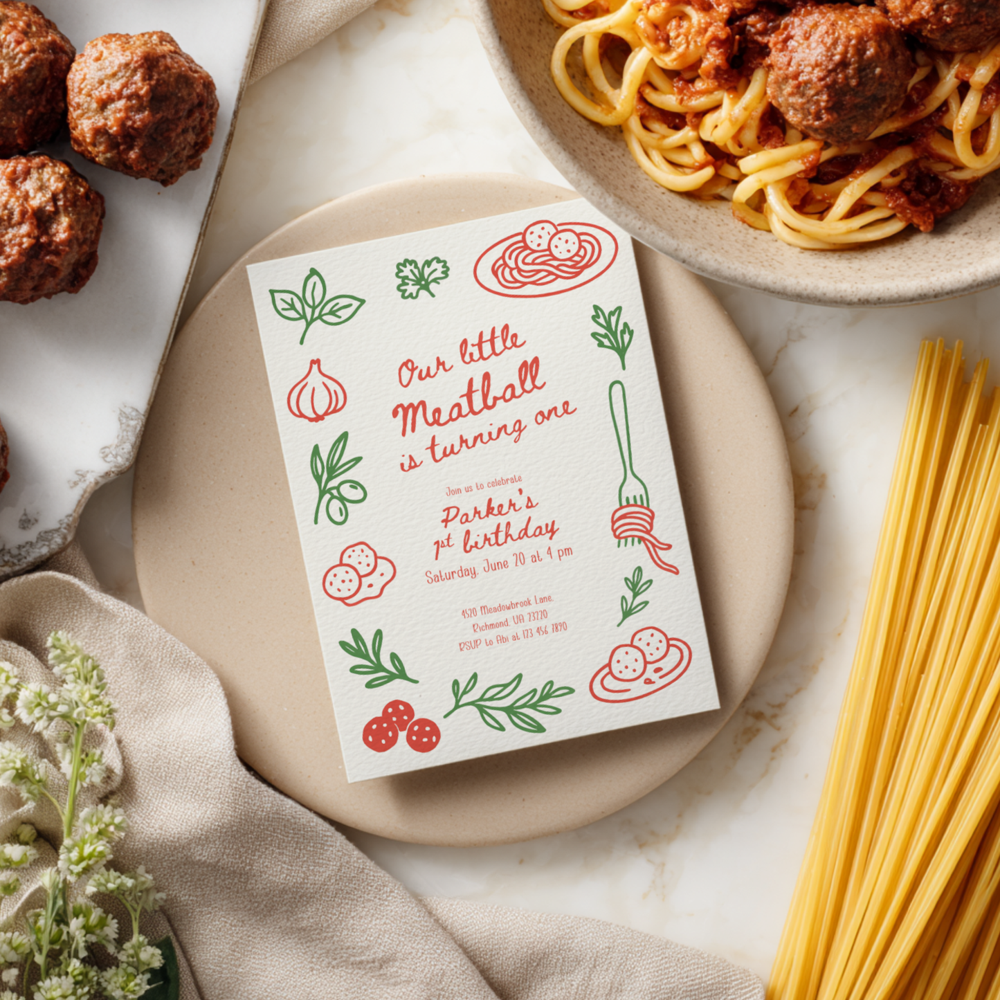 Our Little Meatball First Birthday Invitation L70