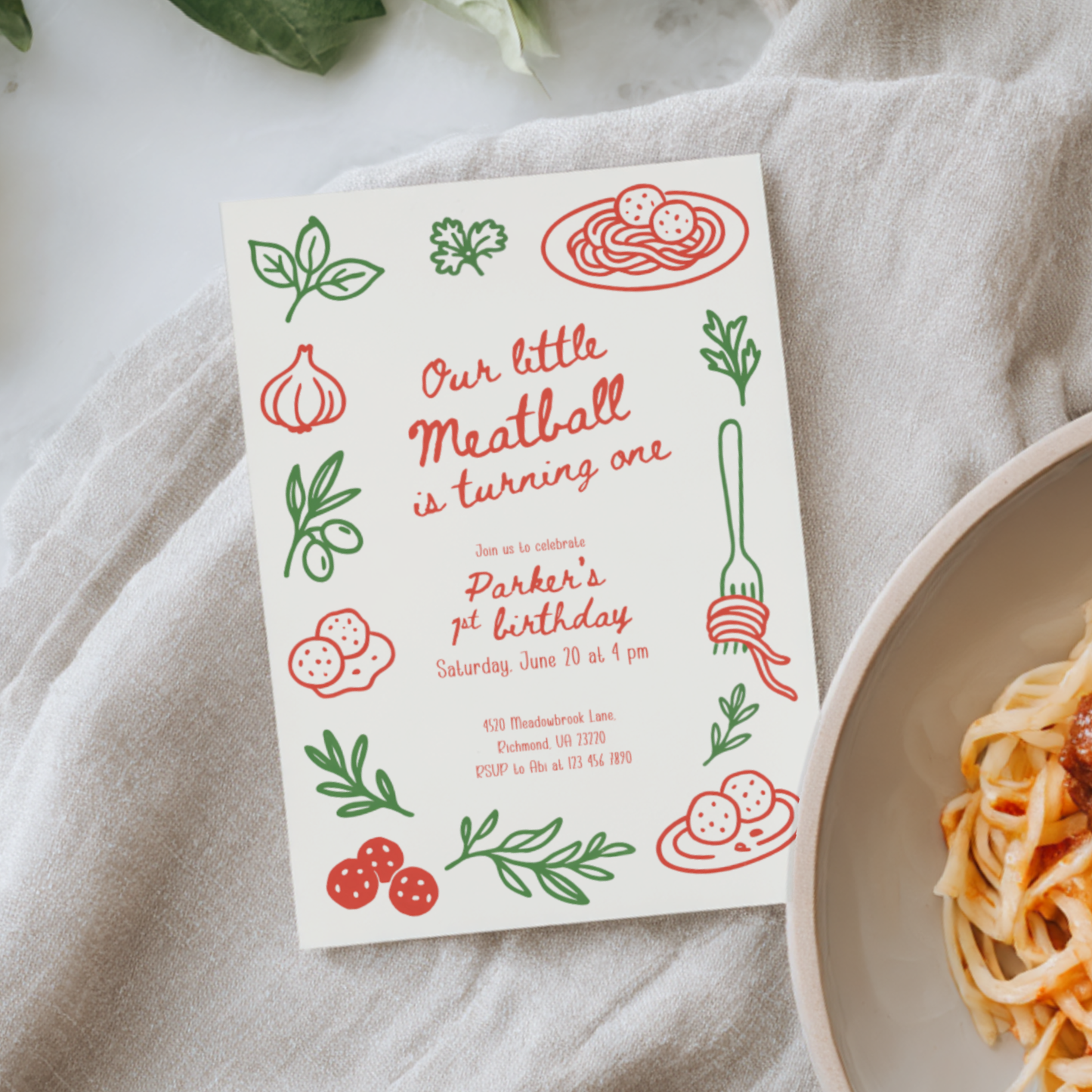 Our Little Meatball First Birthday Invitation L70