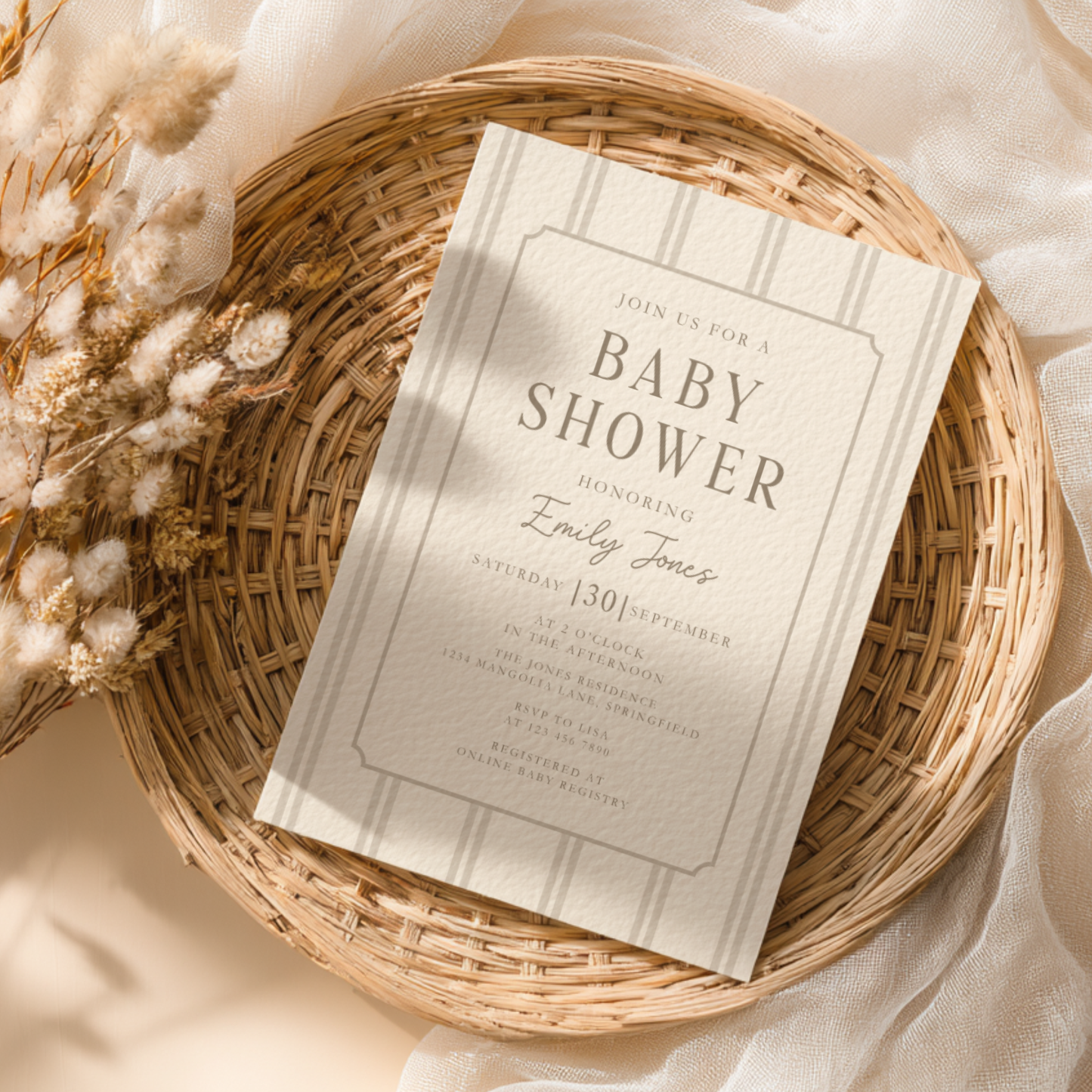 Beige Striped Baby Shower Invitation BS275