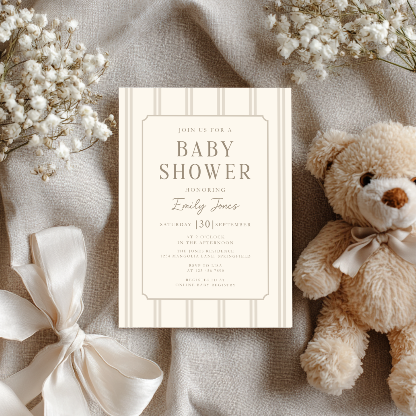 Beige Striped Baby Shower Invitation BS275