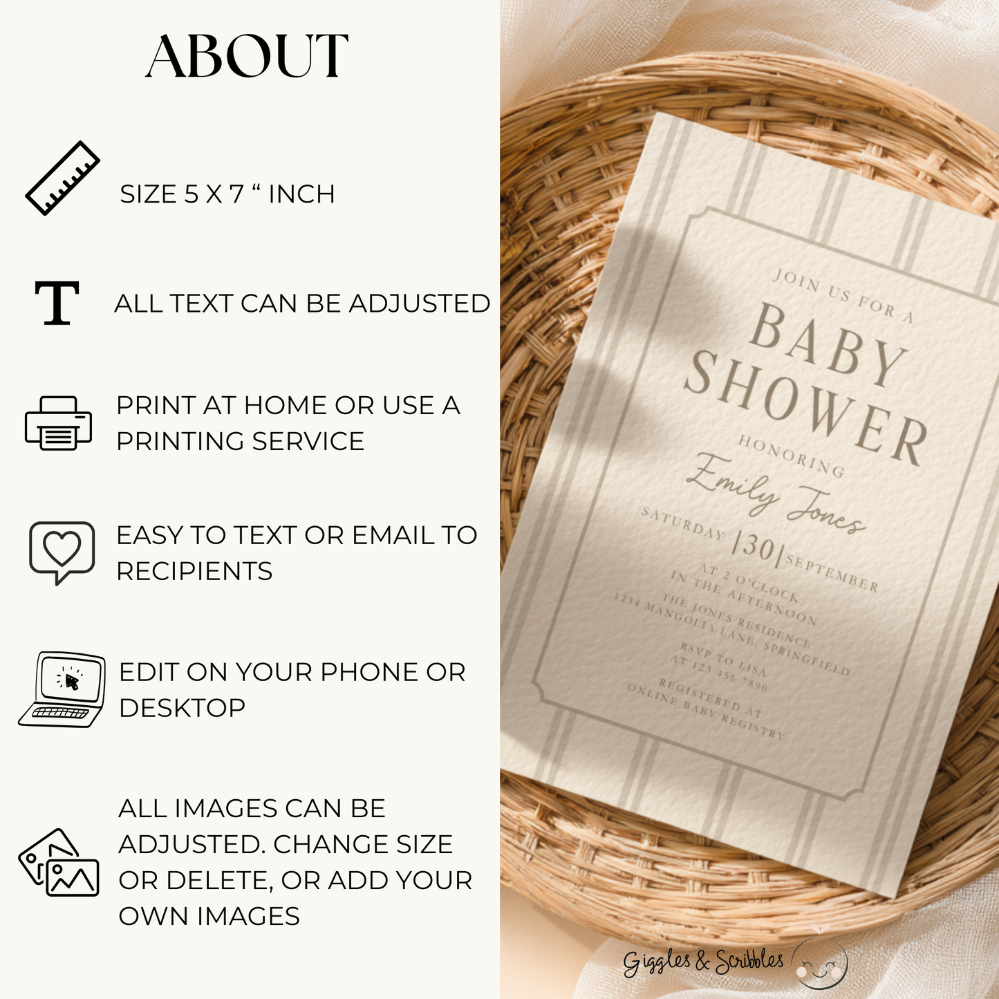 Beige Striped Baby Shower Invitation BS275