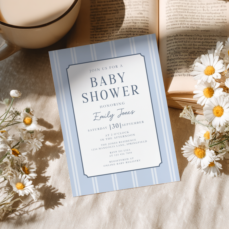 Blue Striped Parisian Chic Baby Shower Invitation BS275