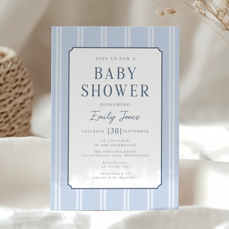 Blue Striped Parisian Chic Baby Shower Invitation BS275