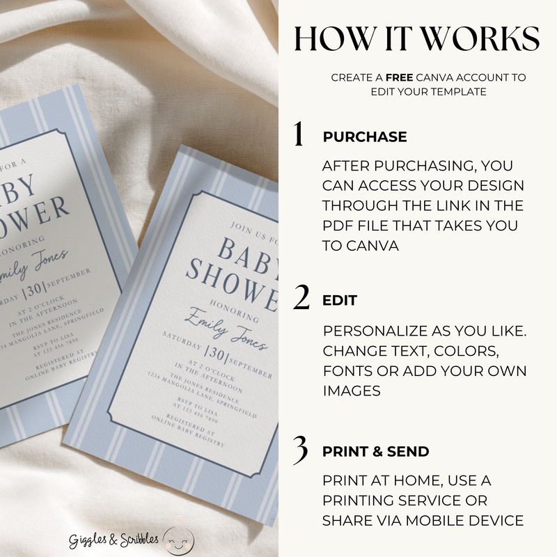 Blue Striped Parisian Chic Baby Shower Invitation BS275