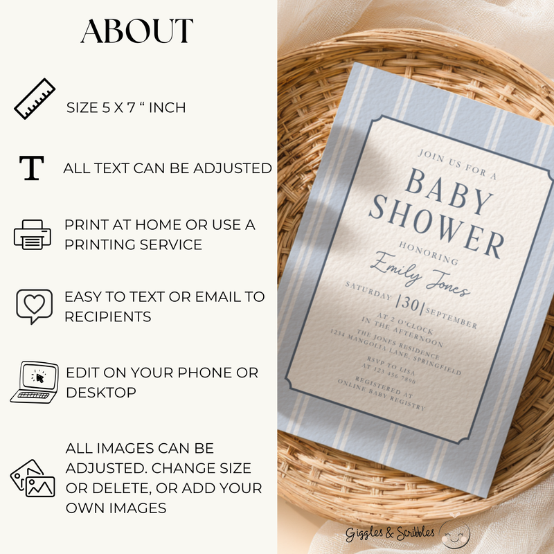Blue Striped Parisian Chic Baby Shower Invitation BS275
