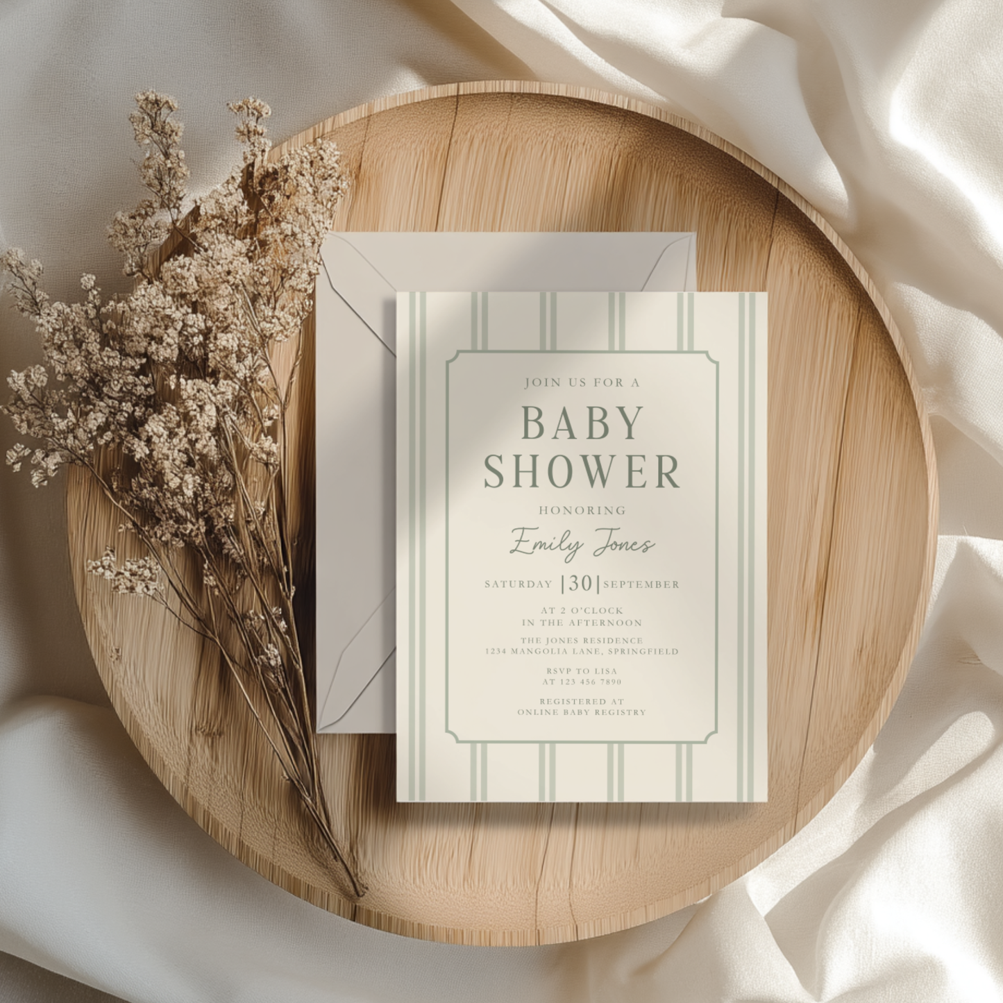 Sage Green Striped Baby Shower Invitation BS275