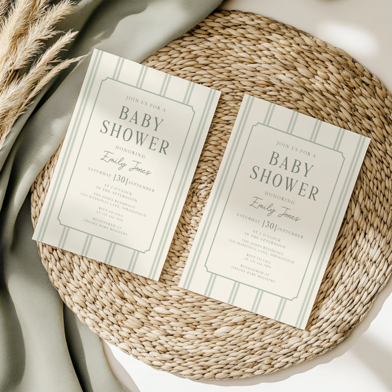 Sage Green Striped Baby Shower Invitation BS275