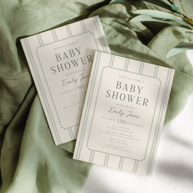 Sage Green Striped Baby Shower Invitation BS275