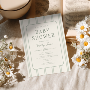 Sage Green Striped Baby Shower Invitation BS275