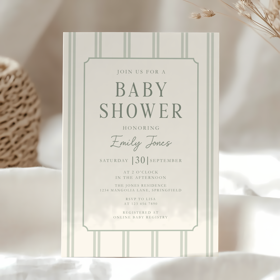 Sage Green Striped Baby Shower Invitation BS275