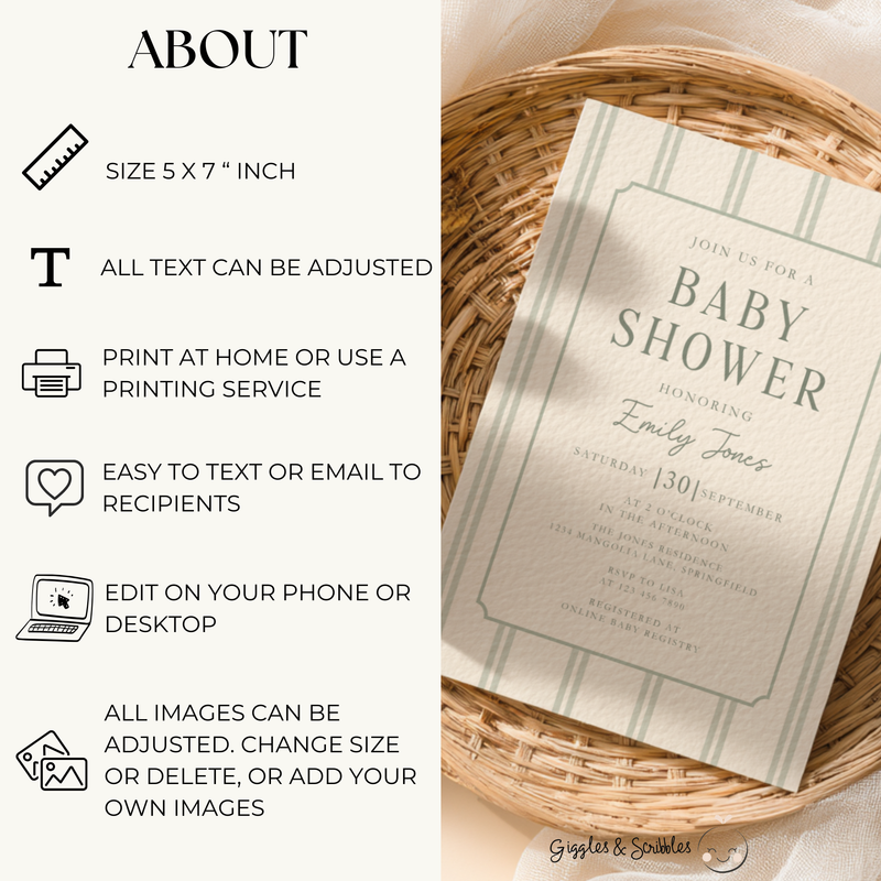Sage Green Striped Baby Shower Invitation BS275